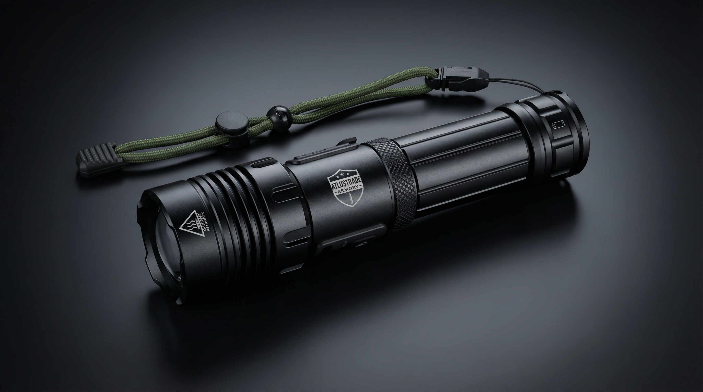 Black flashlight with green strap on a dark background